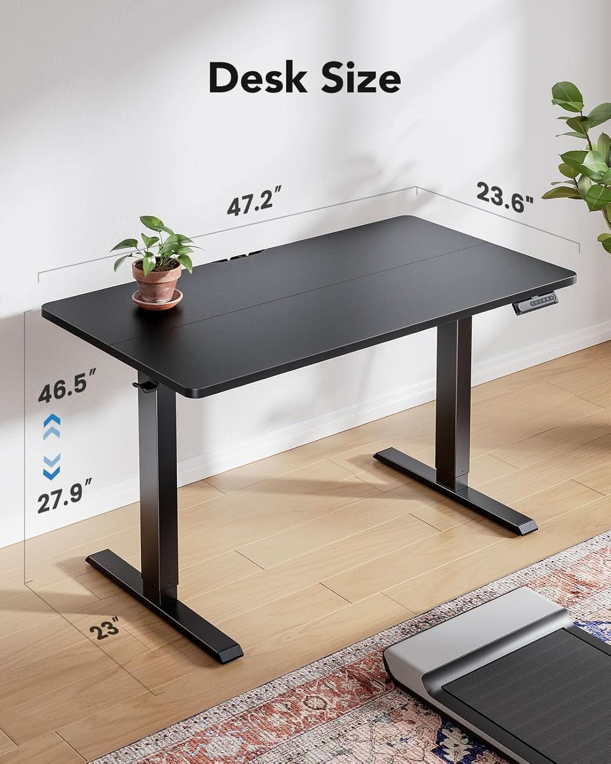Black 48 inch electric standing desk with steel frame, programmable keypad, and dual storage hooks — view 3