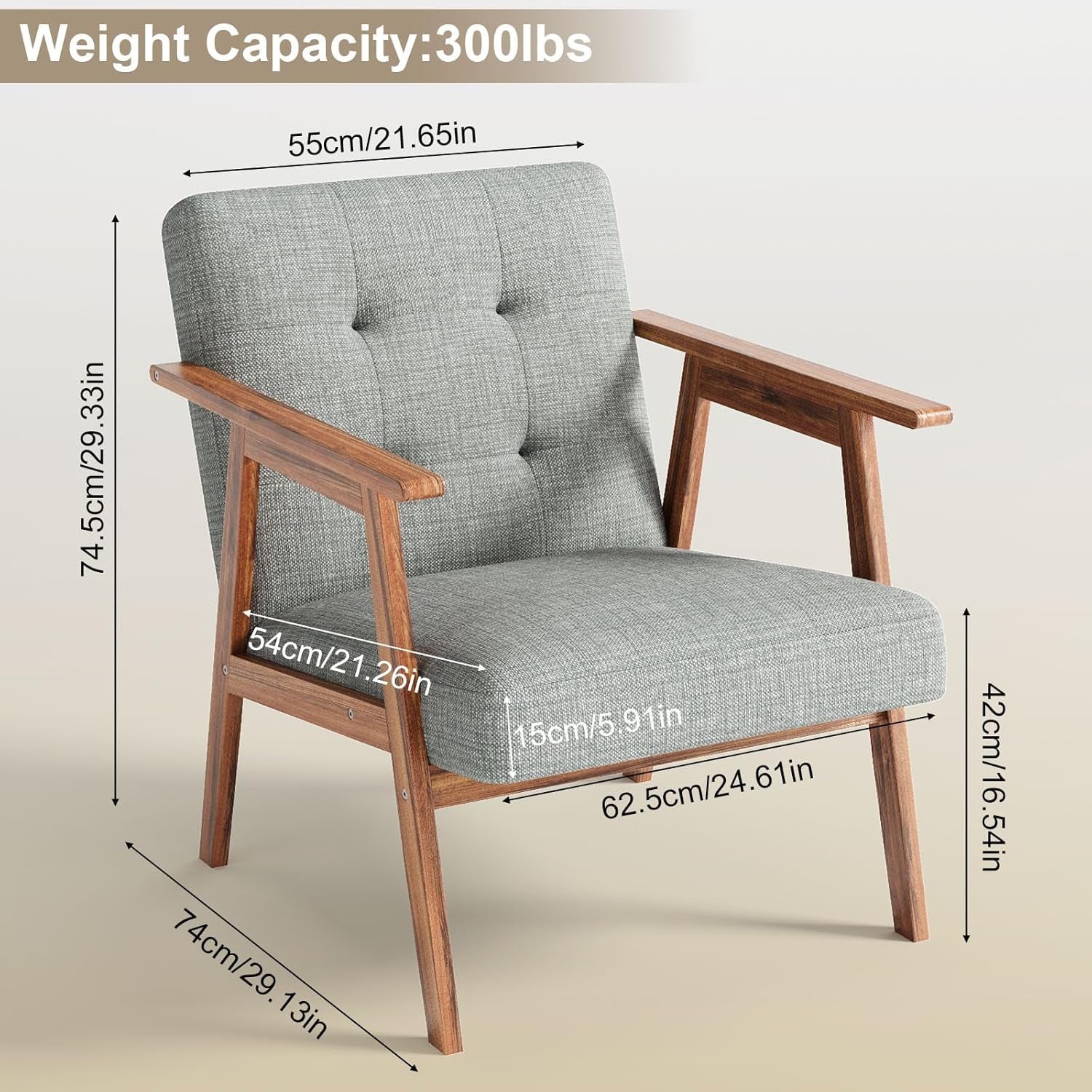 Gray upholstered accent chair with dark fabric and walnut wood frame in contemporary mid century style — view 3