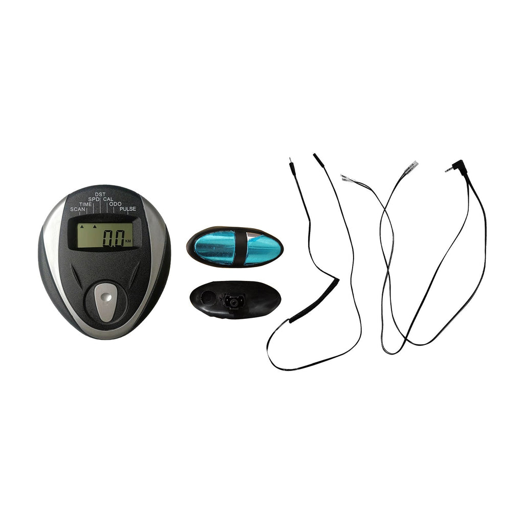 Black plastic replacement exercise bike monitor speedometer with digital display and connection cables.