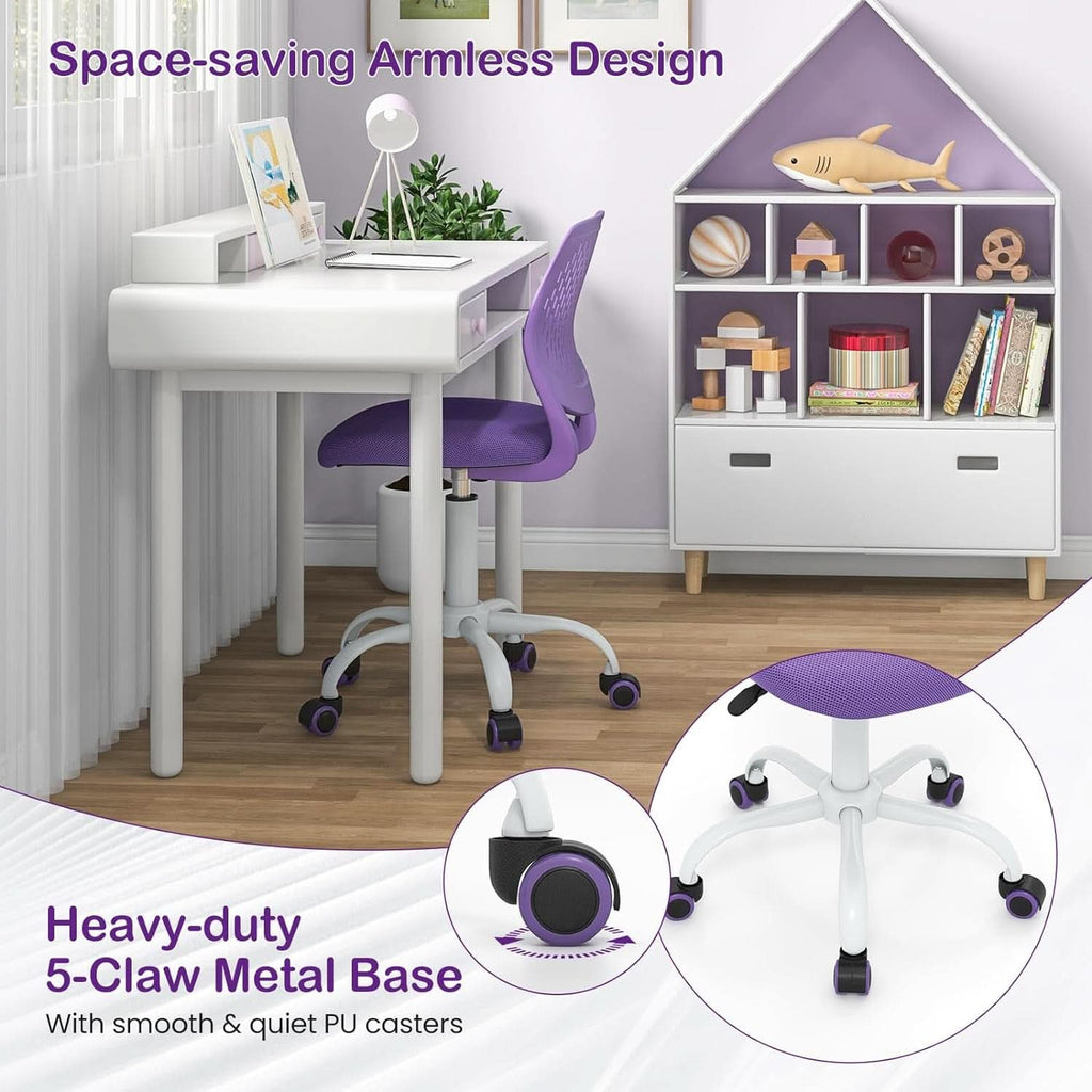Purple kids desk chair with ergonomic lumbar support height adjustable armless design and five caster wheels — view 5