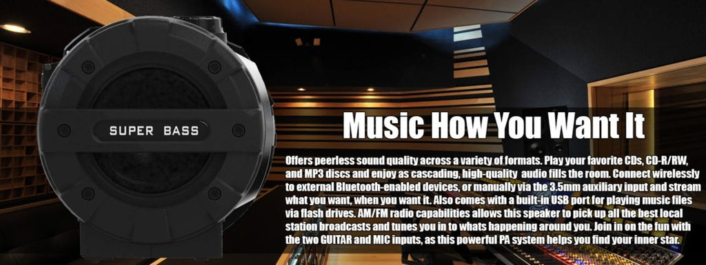 Sleek black bass reflex boombox with top carry strap, large dual speakers, and control panel — view 4