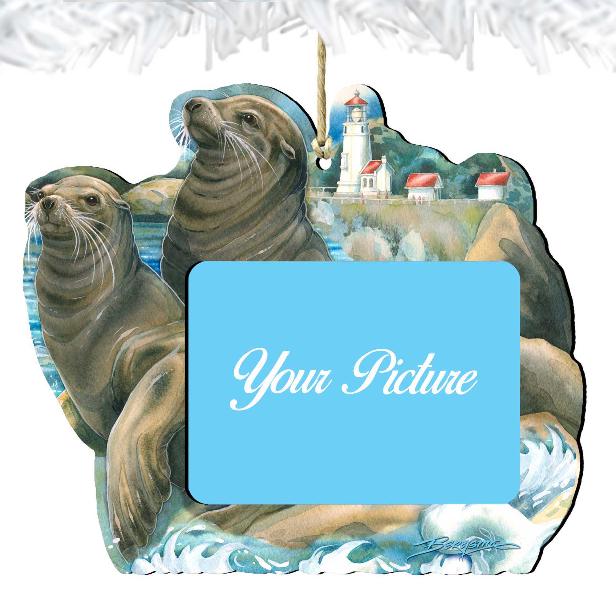 Wooden sea lions and lighthouse picture frame ornament with coastal art for holiday tree decor — view 4