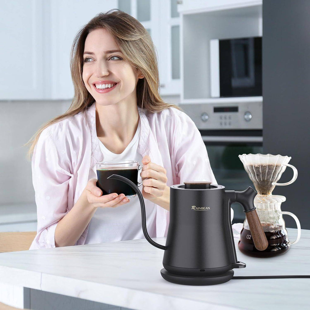 Stainless steel electric gooseneck kettle with ergonomic handle and cordless swivel base for pour over coffee — view 2