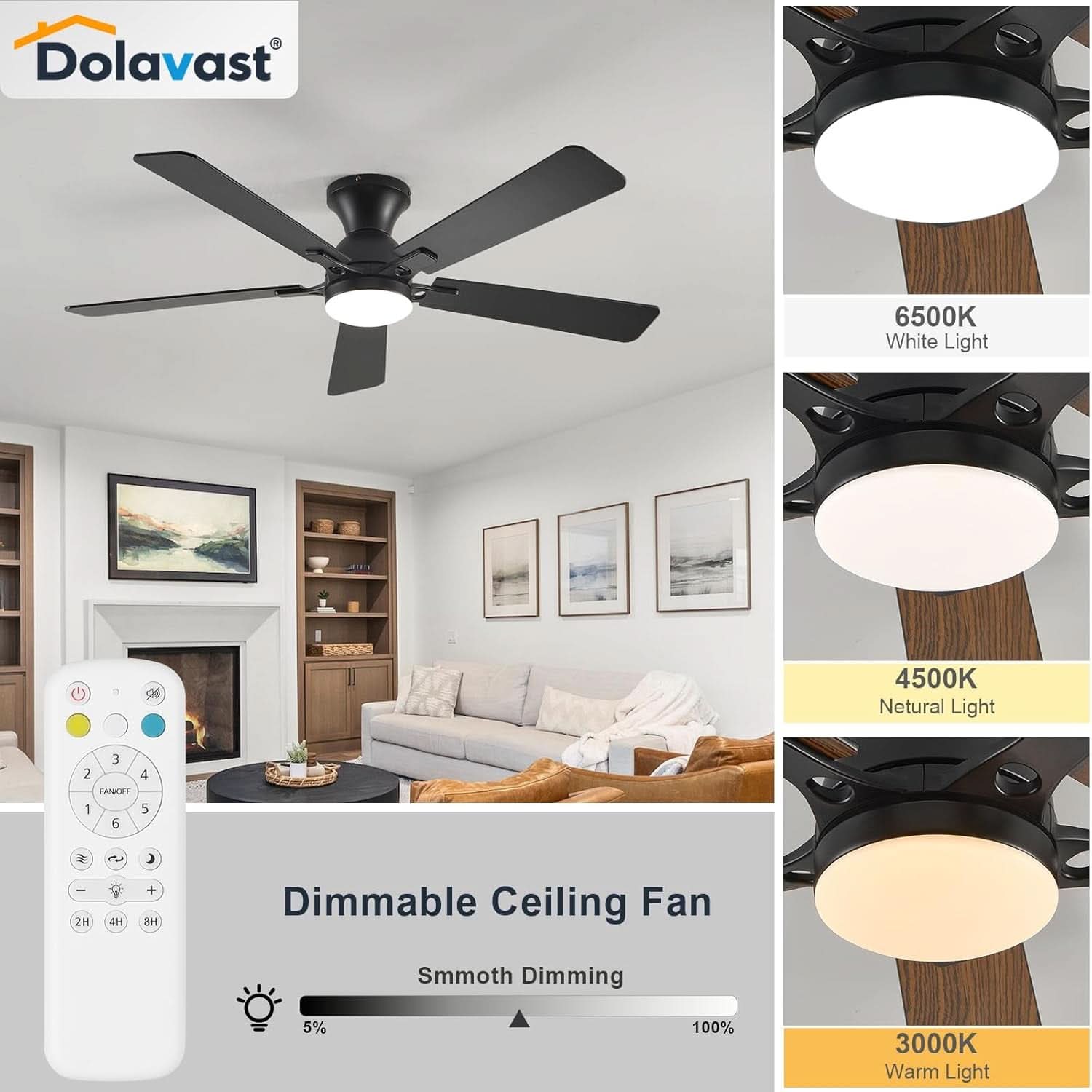 52-inch black smart ceiling fan with dimmable LED light and reversible walnut finish plywood blades — view 4