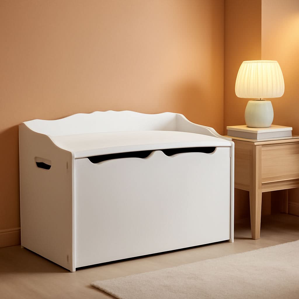 White wooden toy box chest with safety hinge lid for modern playroom and nursery organization