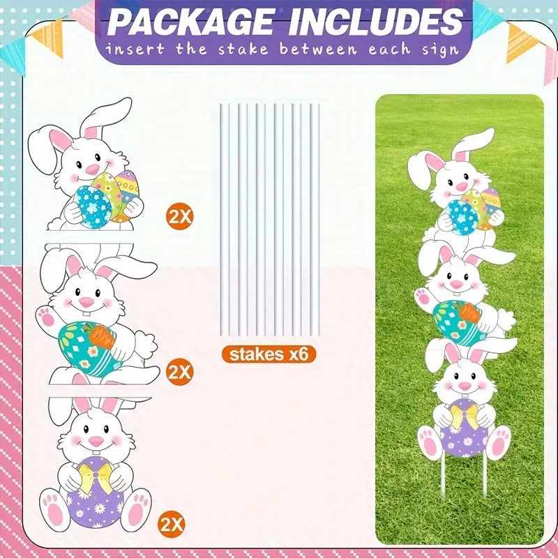Tumbling bunnies yard stakes made of corrugated plastic displayed on a green grass lawn. — view 5