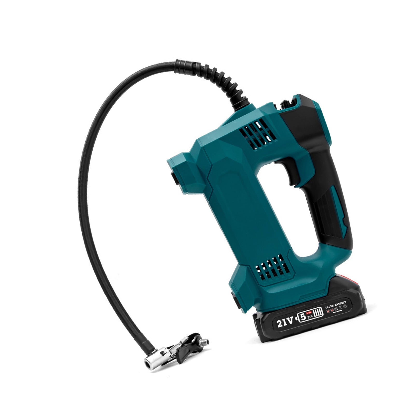 Black cordless portable tyre inflator pump with digital display, battery, charger, and multiple nozzle adapters — view 3
