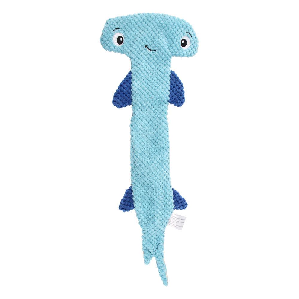 Red and blue hammerhead shark squeaky dog toy made of durable polyester cloth. — view 4