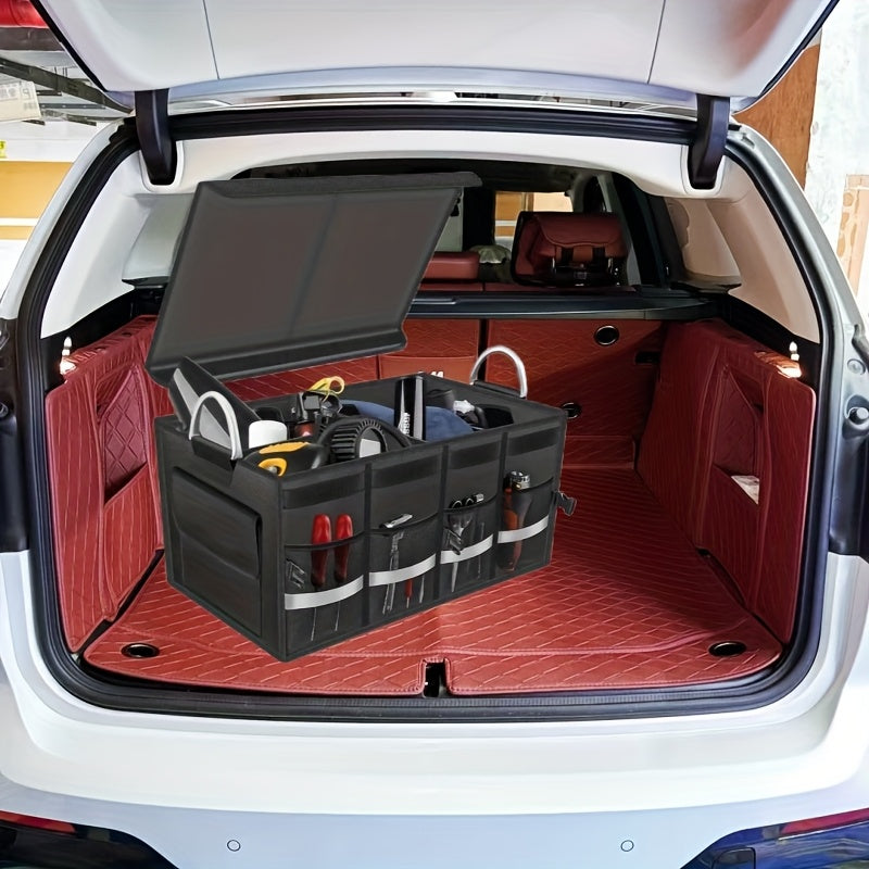 Folding car trunk organizer in black Oxford fabric with multiple storage compartments for vehicle accessories — view 3