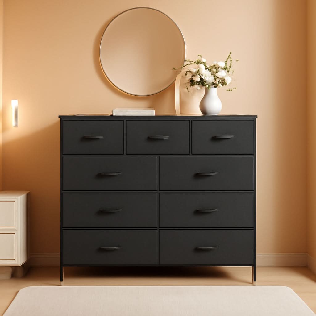 Charcoal black 9-drawer fabric storage tower with steel frame and water-resistant wood top