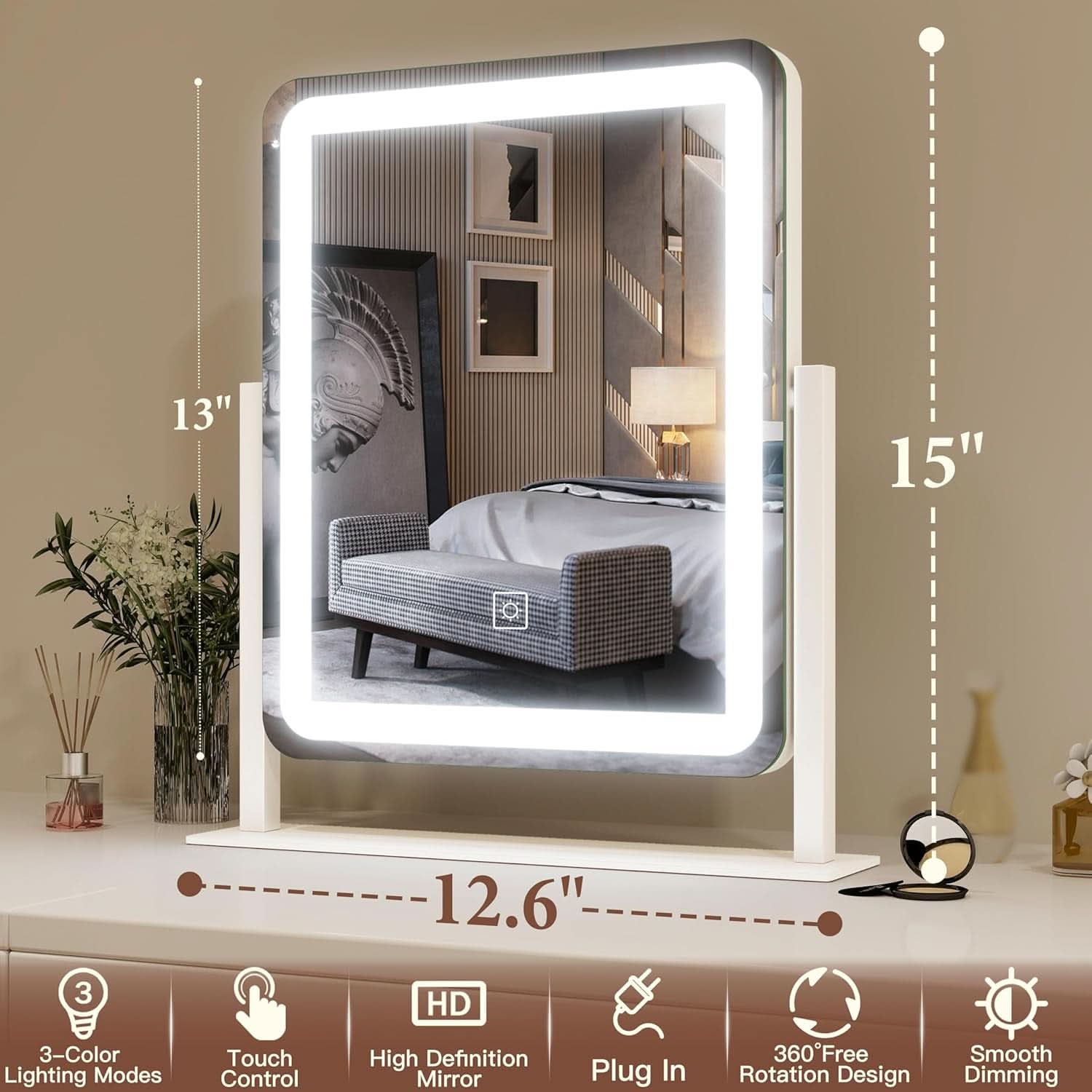 LED lighted vanity mirror with aluminum frame and smart touch controls on a desktop. — view 5
