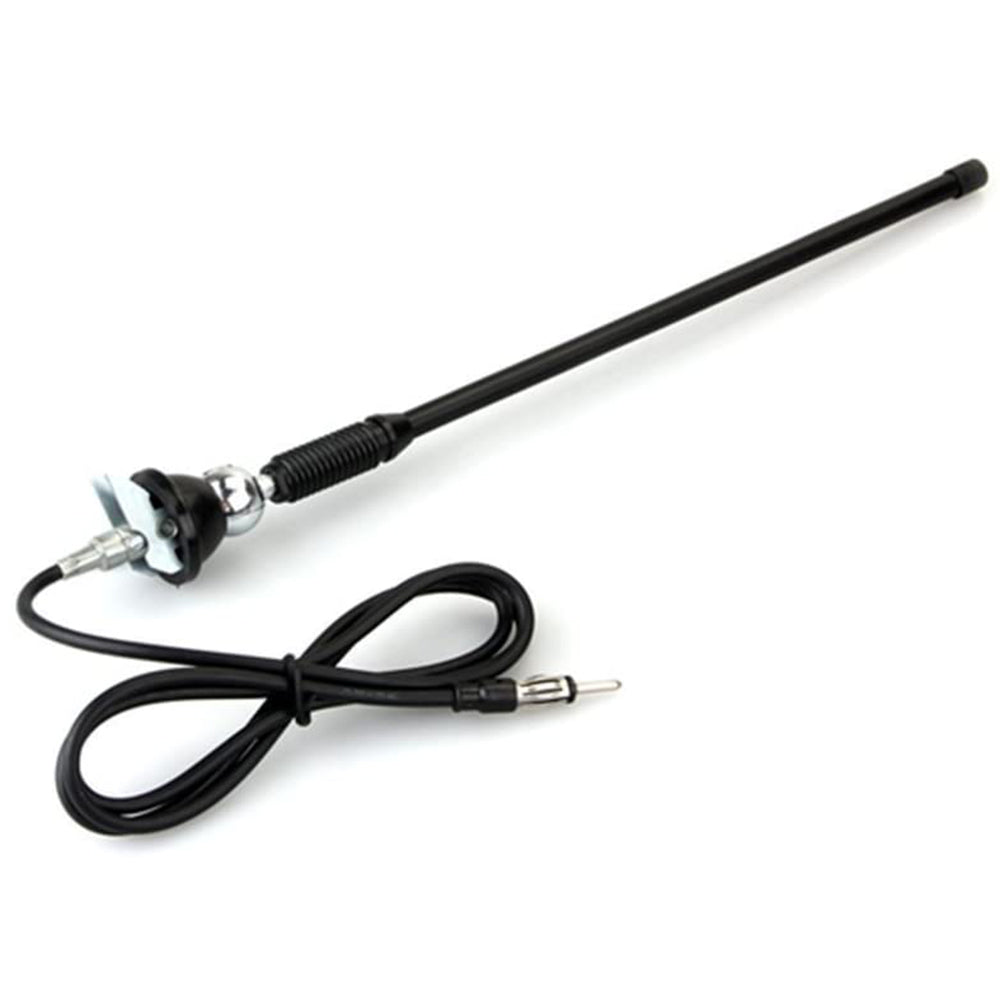 Black flexible rubber universal car antenna with swivel mounting base and long extension cable