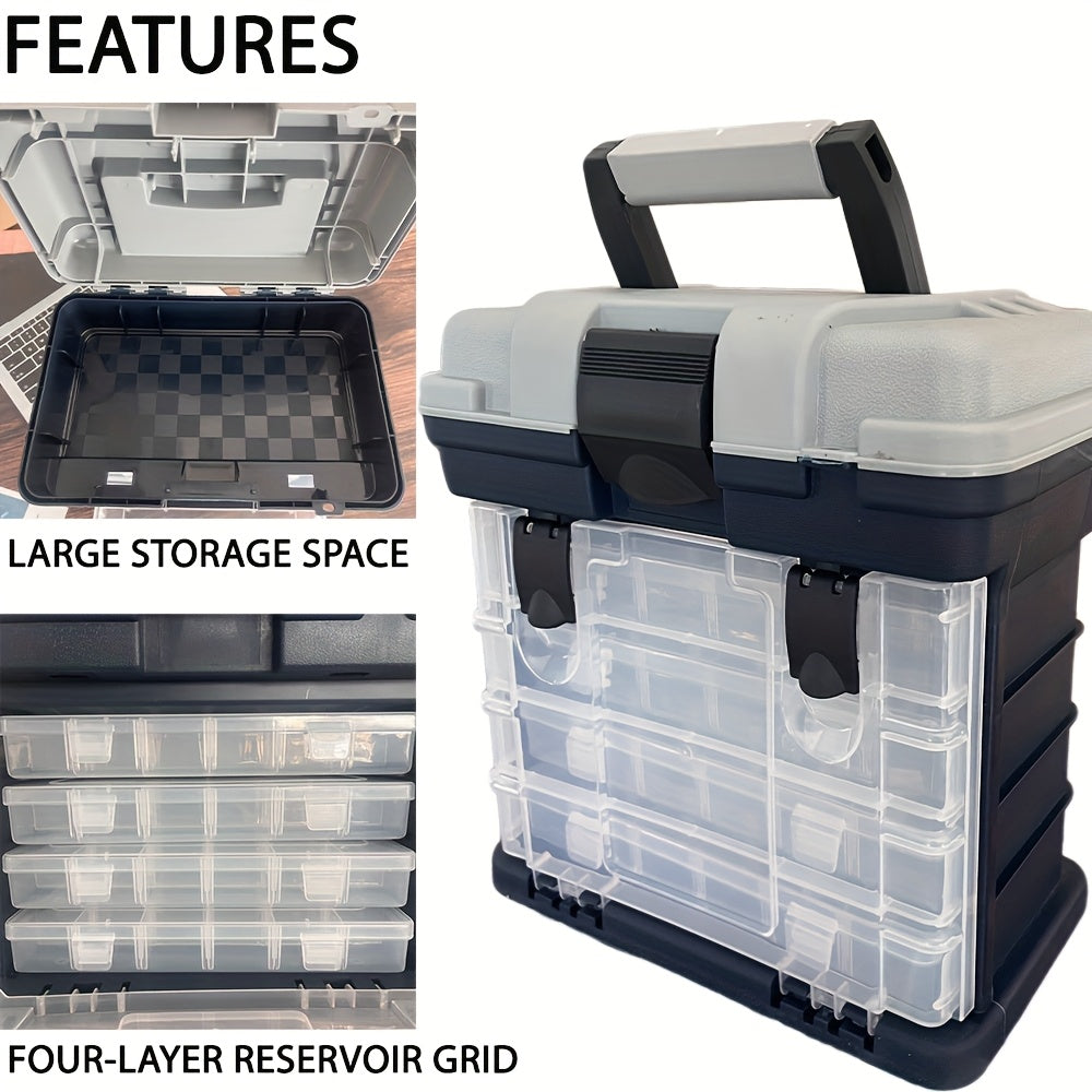 Grey 4-tier portable fishing tackle storage box with transparent multi-compartment organizer for bait and accessories — view 4
