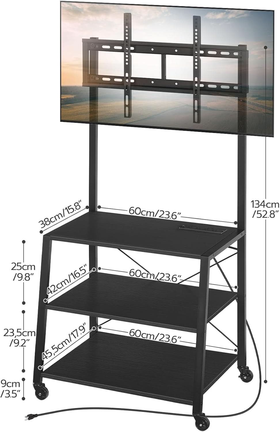 Black rolling TV stand with adjustable mounting rail, three storage shelves, and lockable caster wheels — view 3
