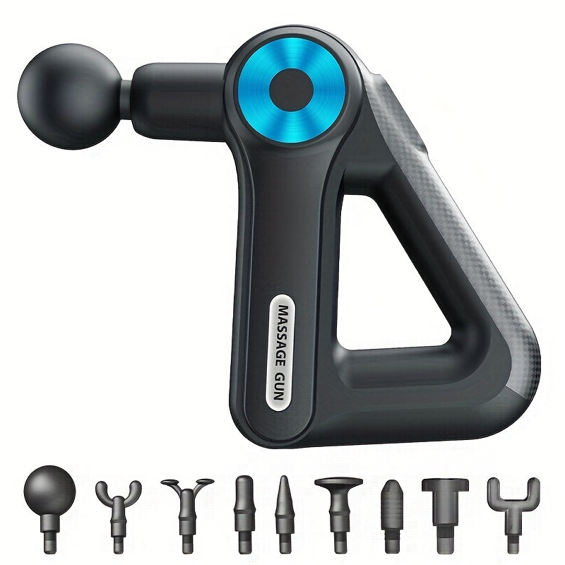Black 9-speed rechargeable fascia massage gun with nine interchangeable attachment heads for deep tissue relief