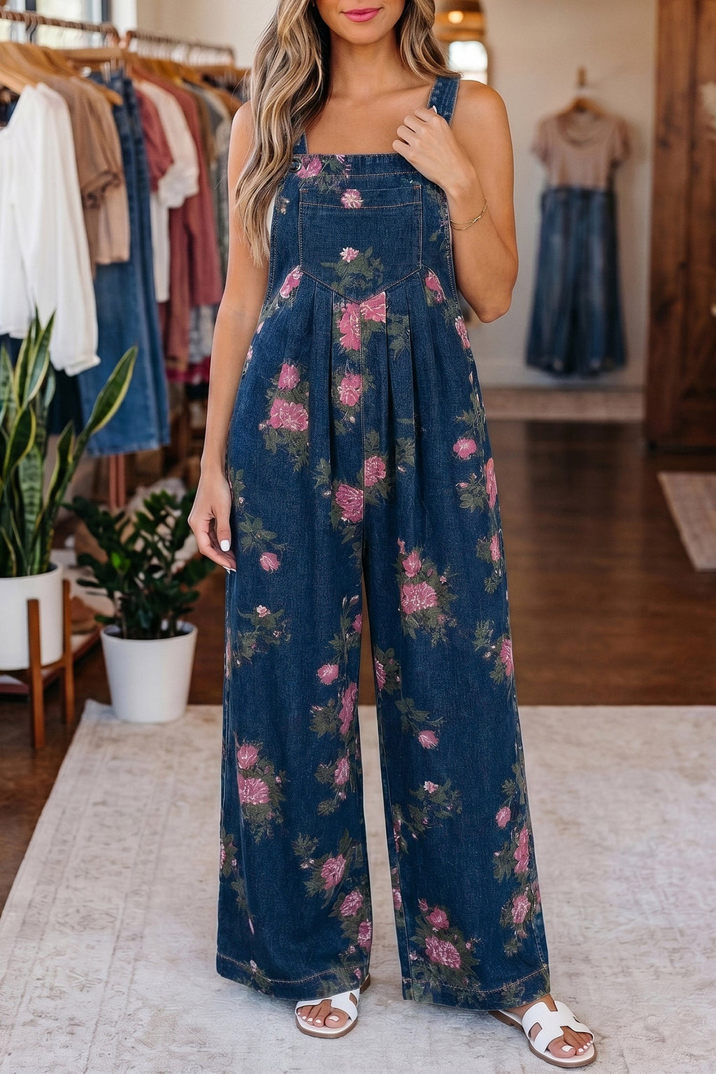 Akira waist wide leg jumpsuit in blue vintage washed denim with adjustable buttoned shoulder straps — view 3