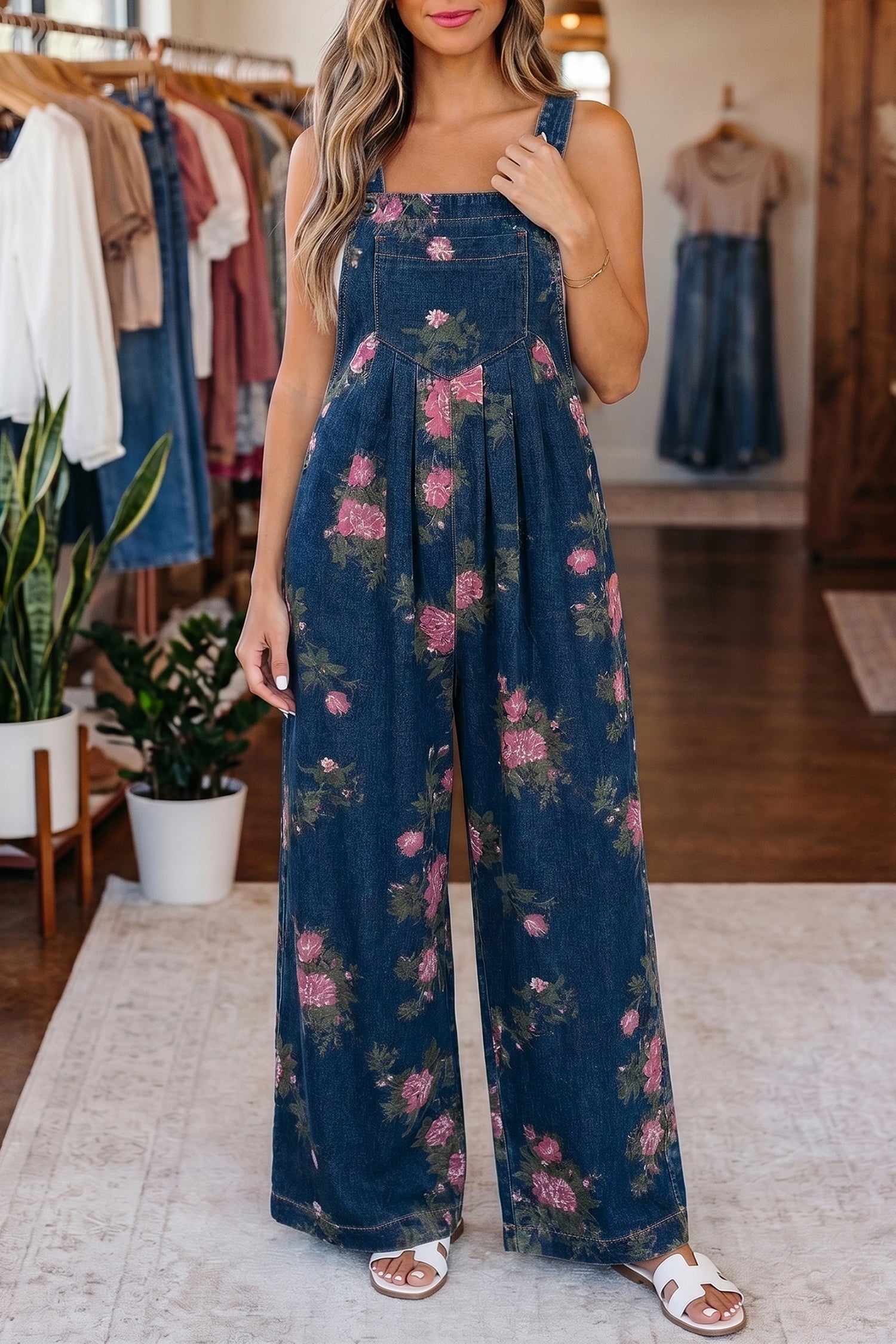 Akira waist wide leg jumpsuit in blue vintage washed denim with adjustable buttoned shoulder straps — view 3