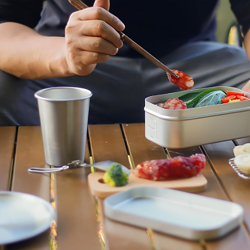 Square aluminum lunch box set with wooden cutting board lid, steamer rack, and built-in handle — view 4