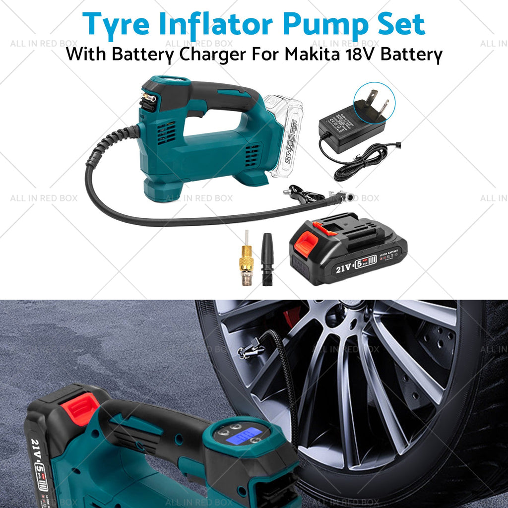Cordless portable tyre inflator pump with digital display, battery, charger, and multiple valve adapters — view 3