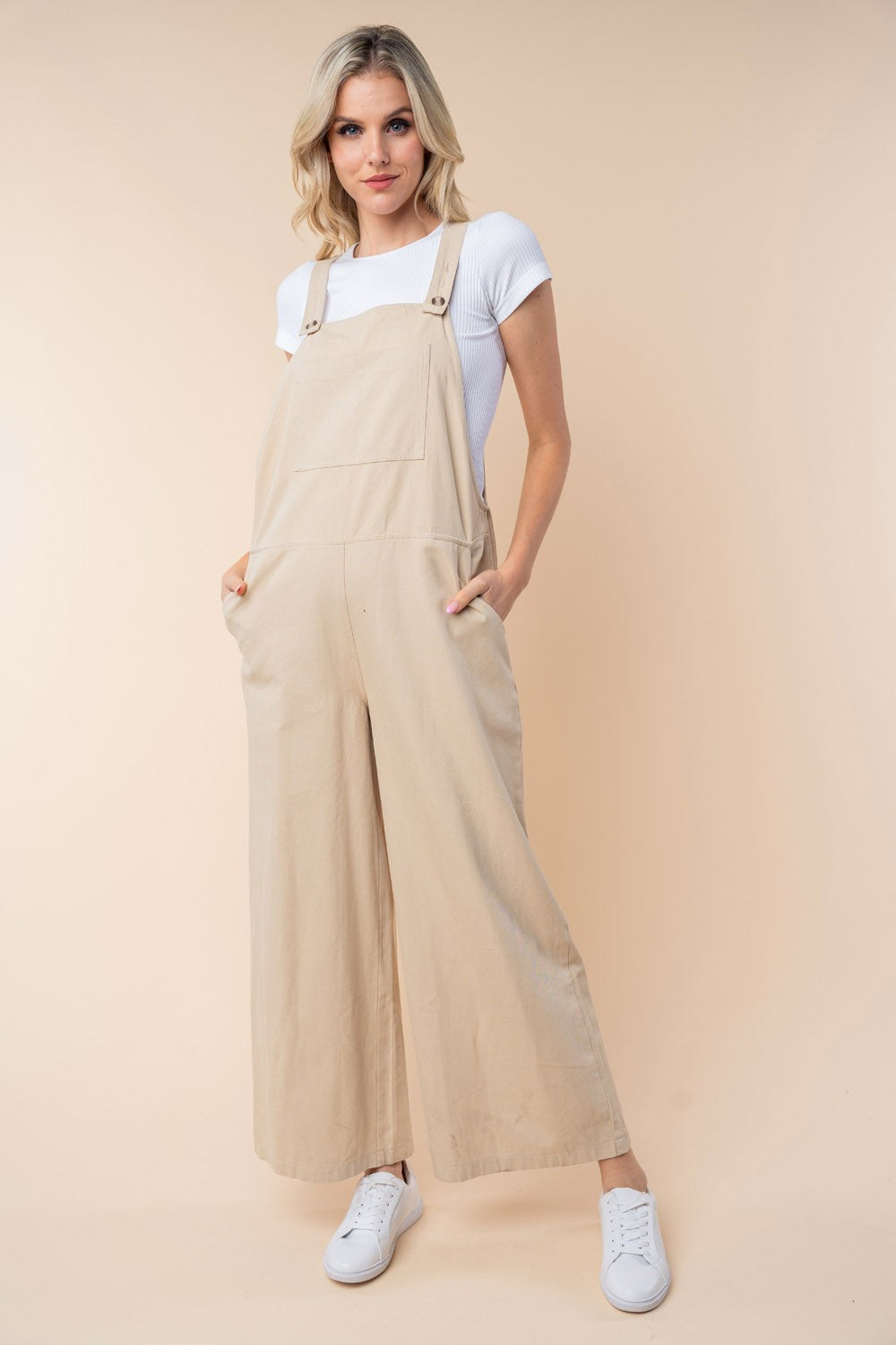 White Birch sleeveless wide leg jumpsuit in solid cotton with functional pockets for women.