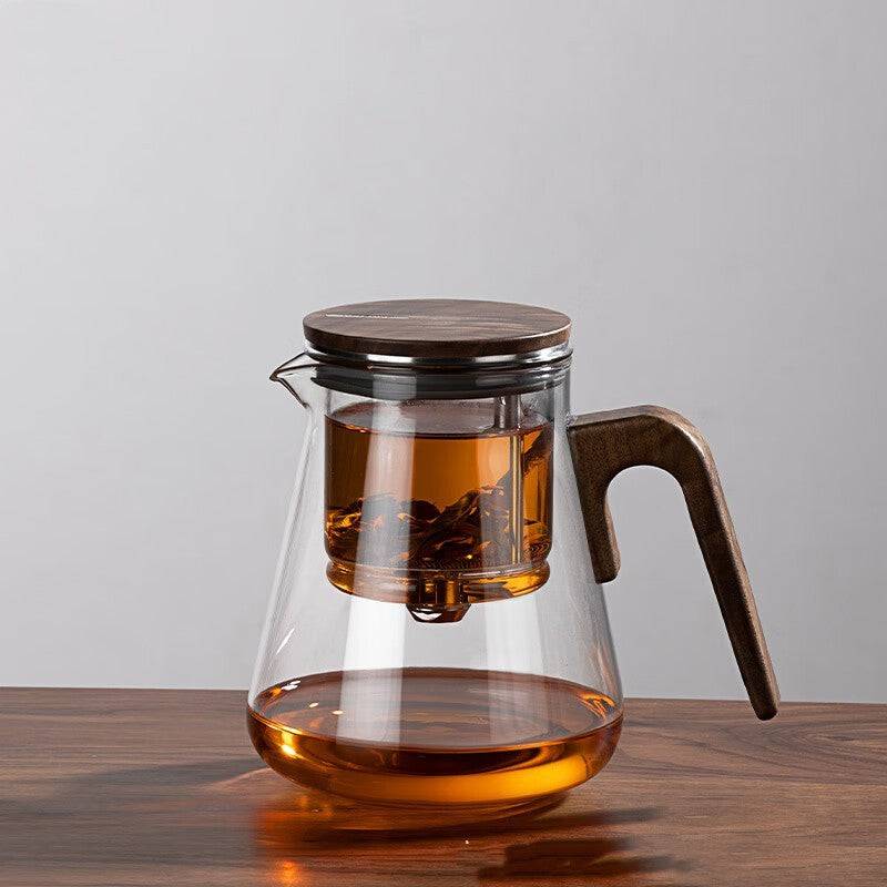 Glass teapot with walnut wood handle and one-click filter for brewing loose leaf tea