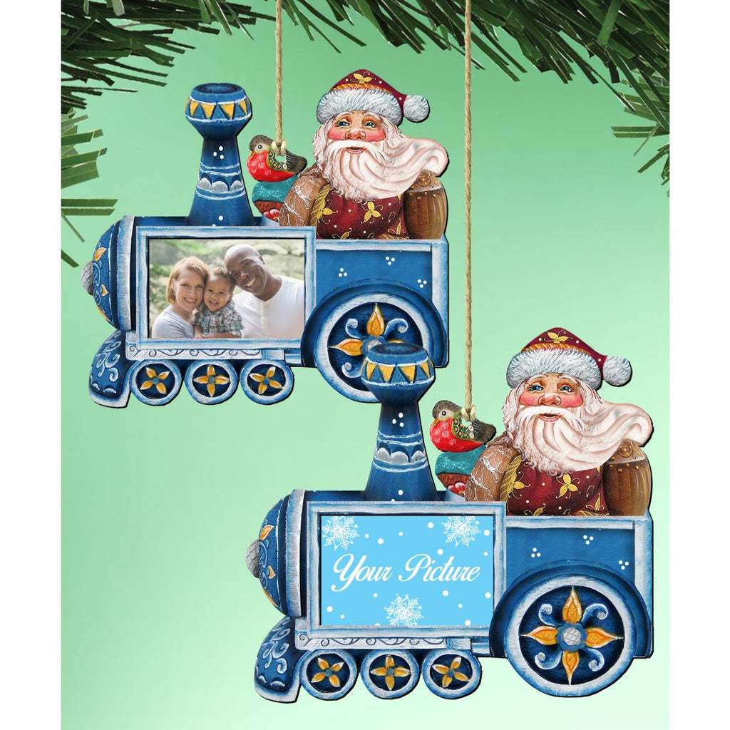 Wooden Christmas picture frame ornament featuring Santa and a snowman on a vintage train ride