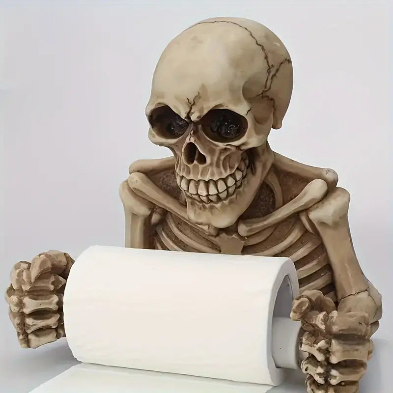 Retro gothic wall mounted skull toilet paper holder crafted from durable resin dispensing a roll — view 5