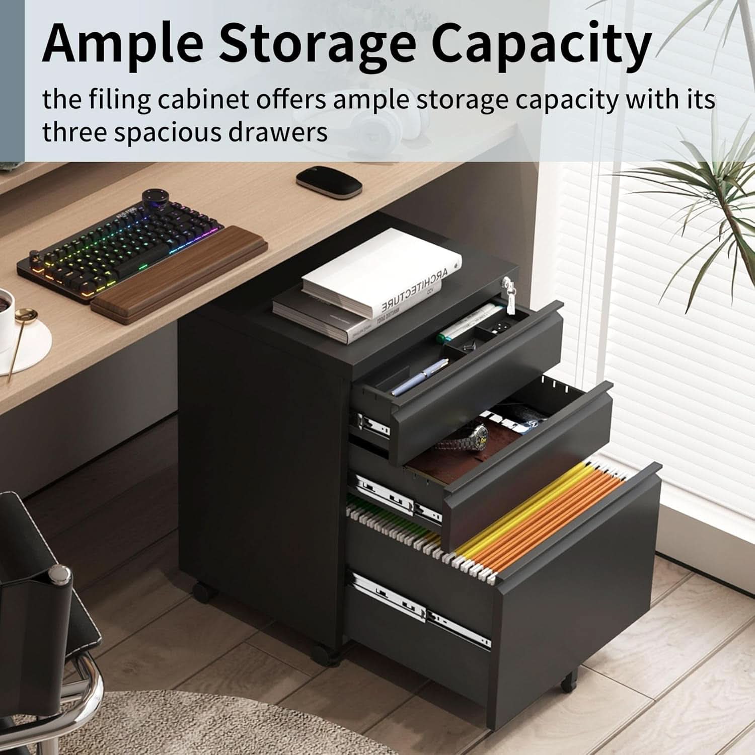 Black 3 drawer mobile file cabinet under desk steel storage unit with lock and caster wheels — view 5