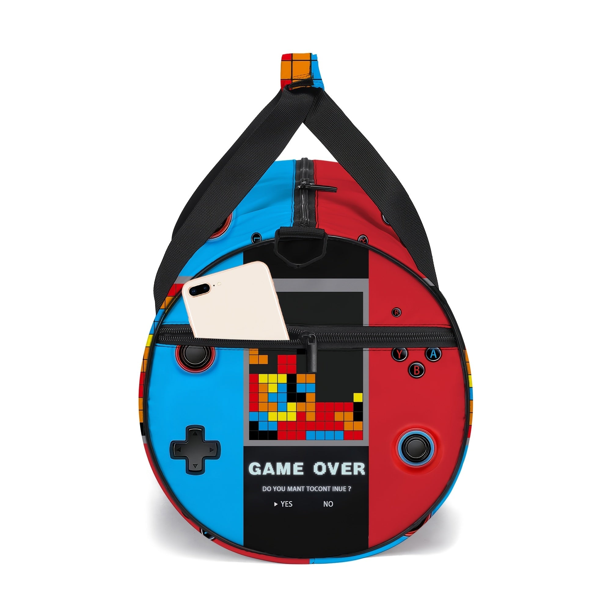 Cylindrical game controller print travel duffel bag with black adjustable shoulder strap and handheld handles — view 3