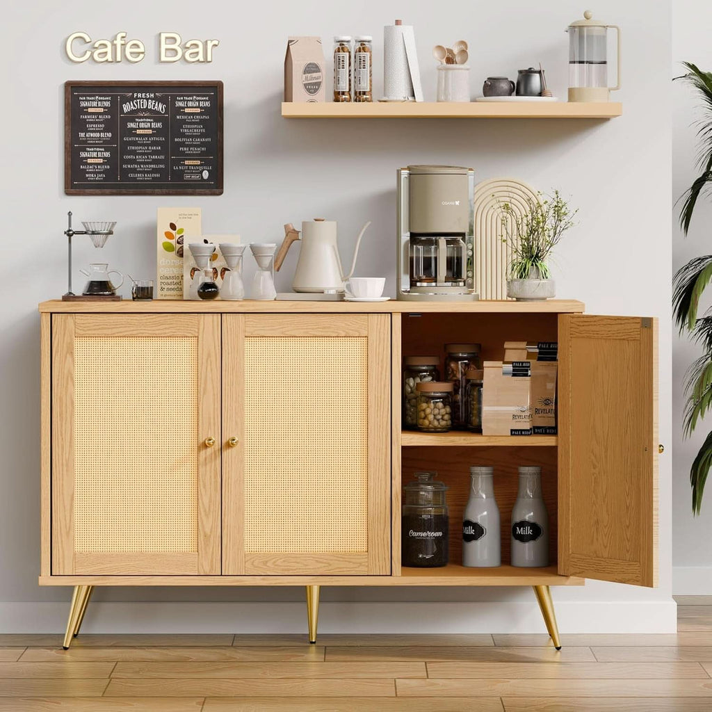 Natural rattan buffet cabinet pair with woven doors, gold handles, and adjustable shelves — view 4