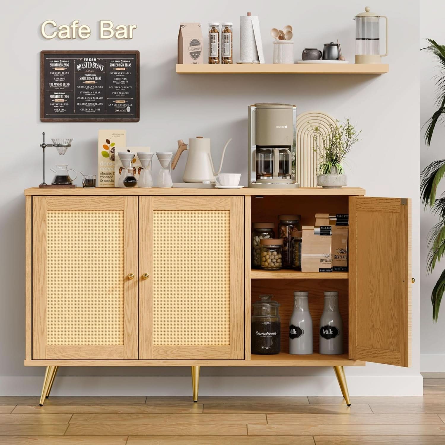 Natural rattan buffet cabinet pair with woven doors, gold handles, and adjustable shelves — view 4