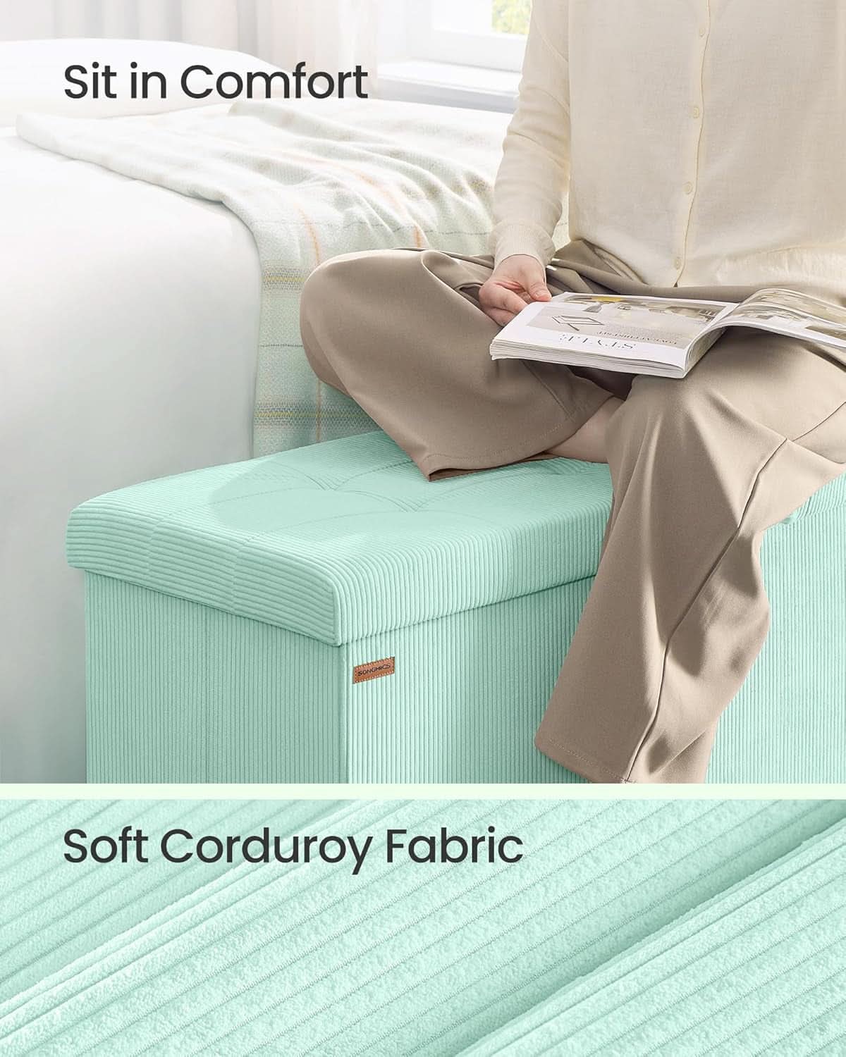Moonlight green foldable corduroy storage ottoman bench with tufted lid and divided interior. — view 4
