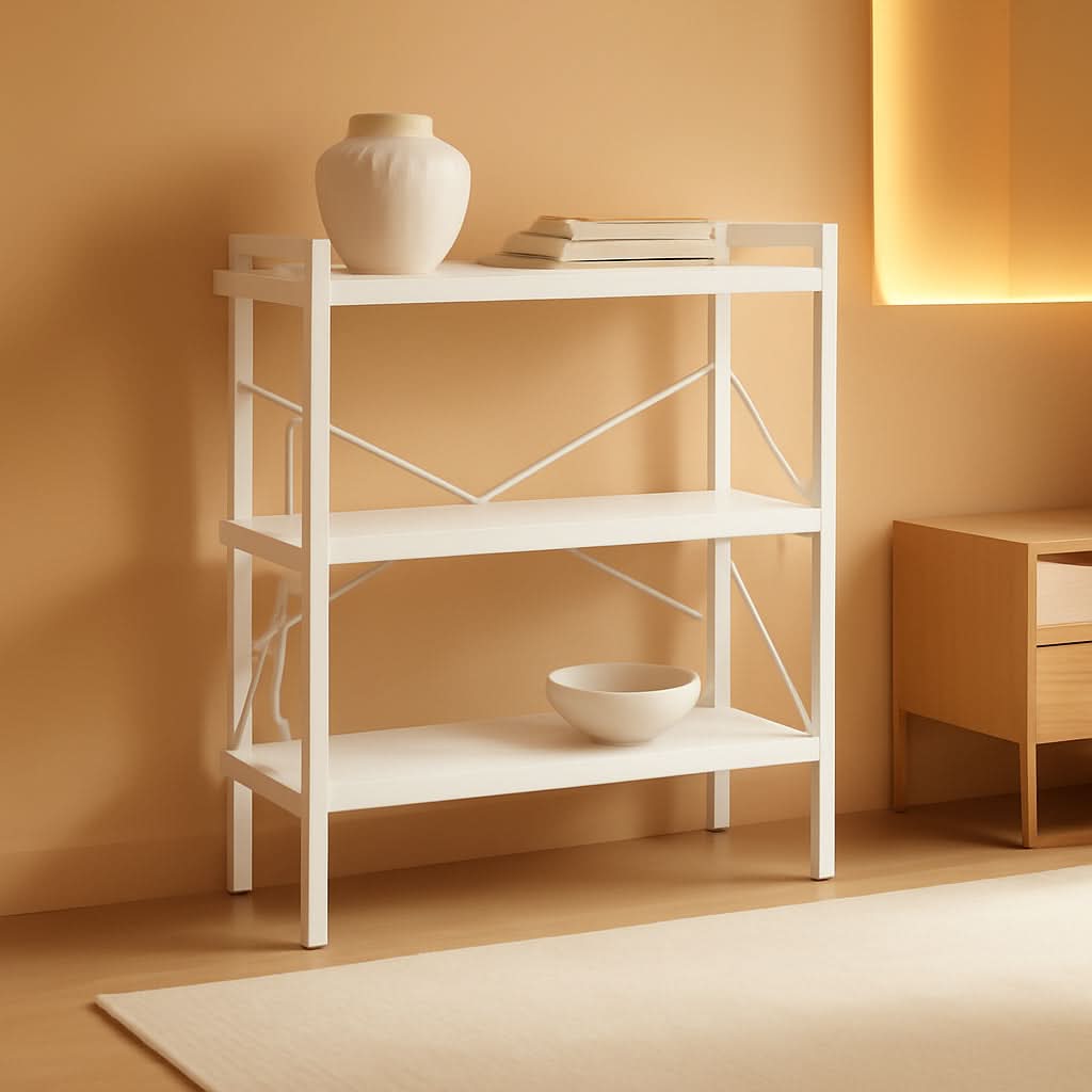 3-tier white bookshelf with metal frame and open MDF shelving for home office storage