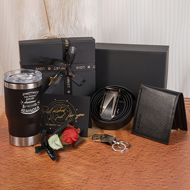Men's 6-piece accessory gift set featuring a leather wallet, belt, keychain, cooler, and greeting card — view 5