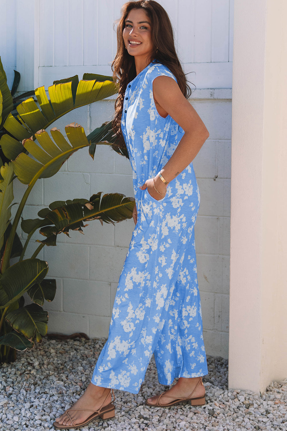 Stella floral wide leg jumpsuit in blue with half-button front and relaxed sleeveless fit — view 3