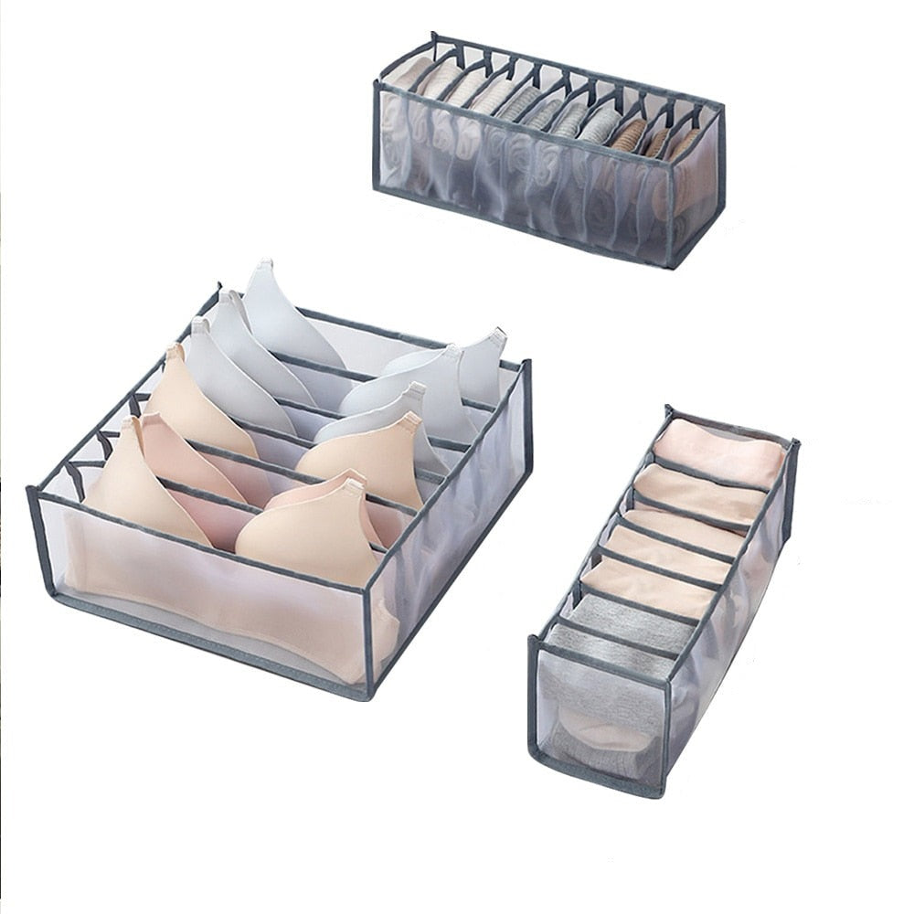 Washable nylon mesh bedroom closet organizer set with divided grids for underwear and socks