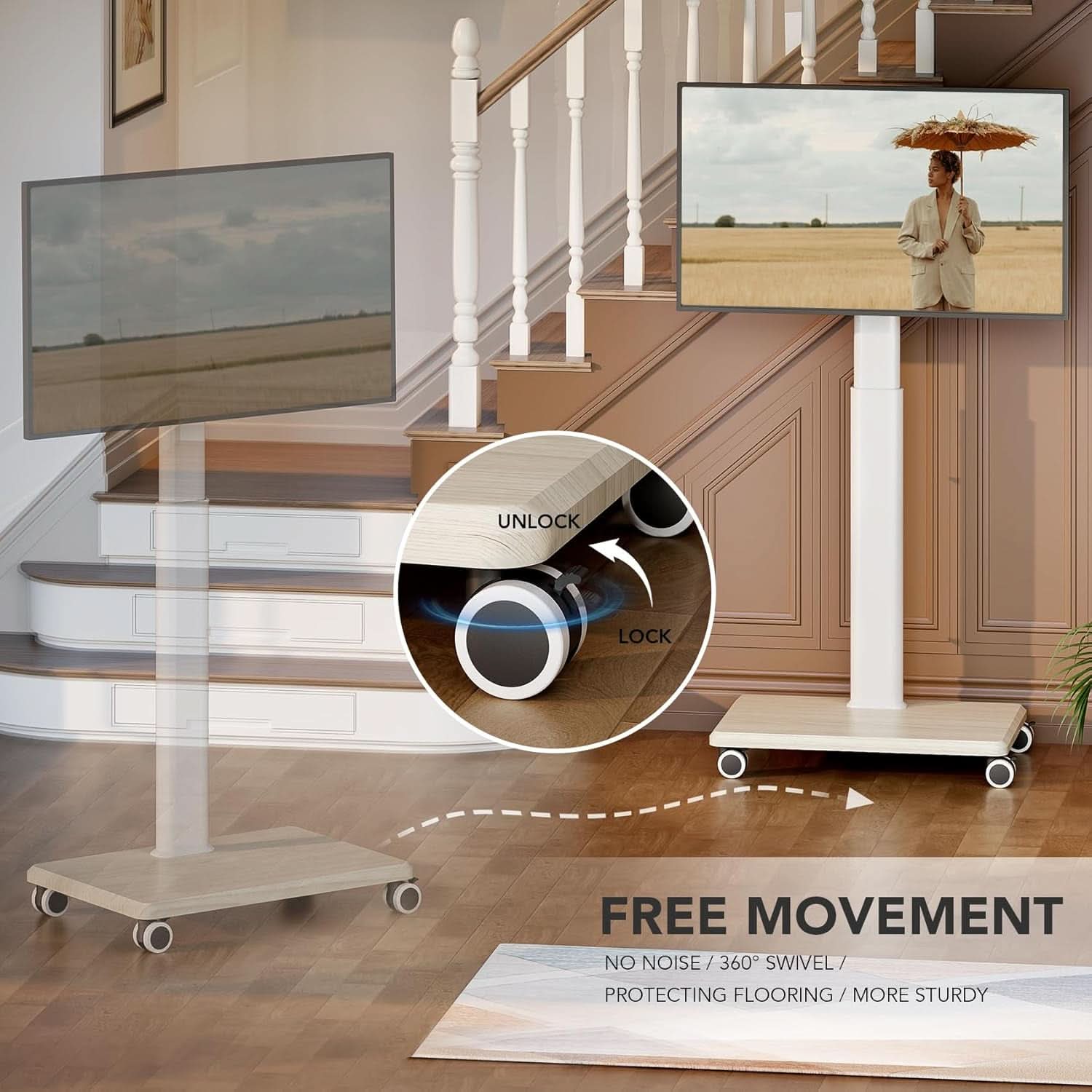 Mobile TV cart on wheels holding a flat screen television with a wood grain base — view 4
