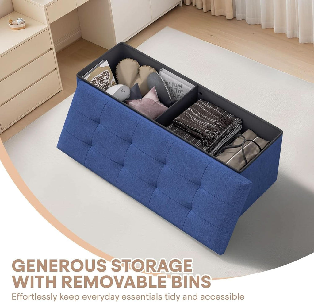 Navy blue folding storage ottoman bench with padded seat and hidden interior chest — view 4