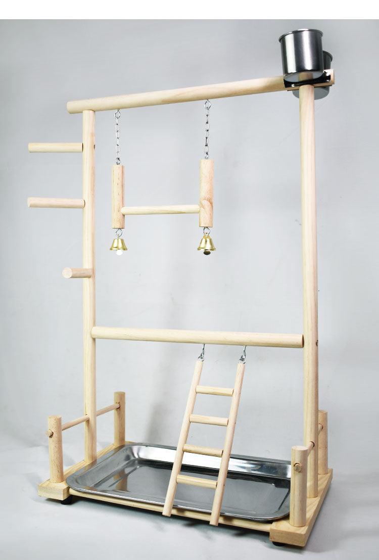 Solid wood parrot playground playstand with swing, climbing ladder, and double-layer food box — view 5