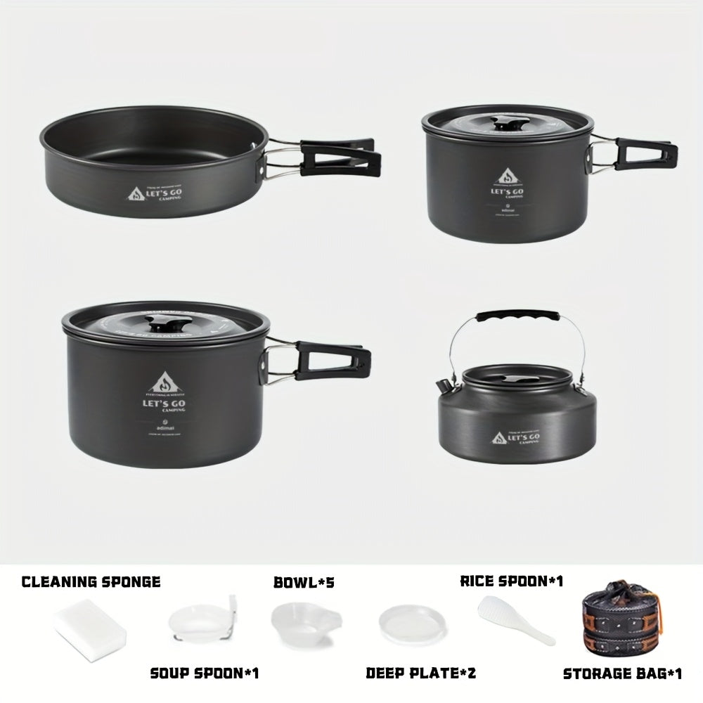 Black 4-piece aluminum camping cookware set including a cooking pot, frying pan, and portable kettle — view 3