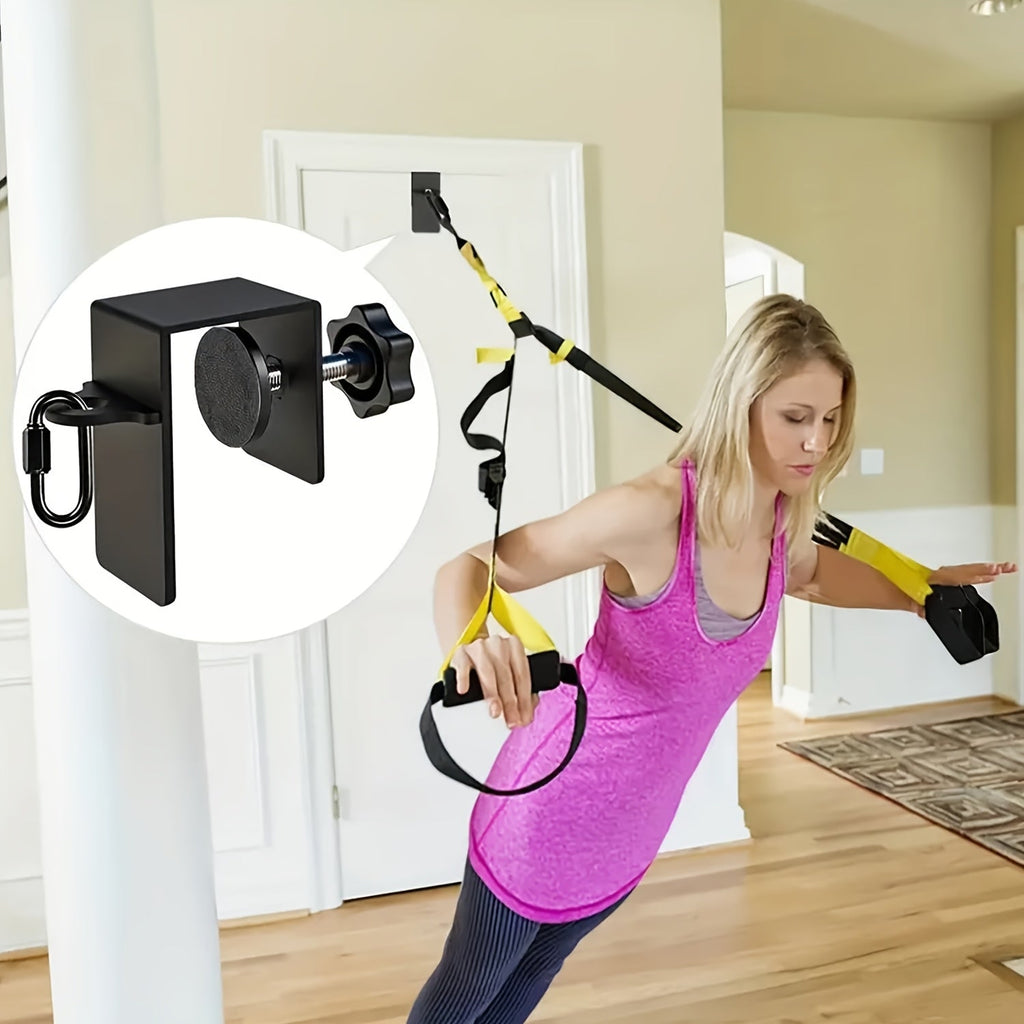 Black adjustable leg stretch strap door flexibility trainer with iron hardware for home workouts — view 3