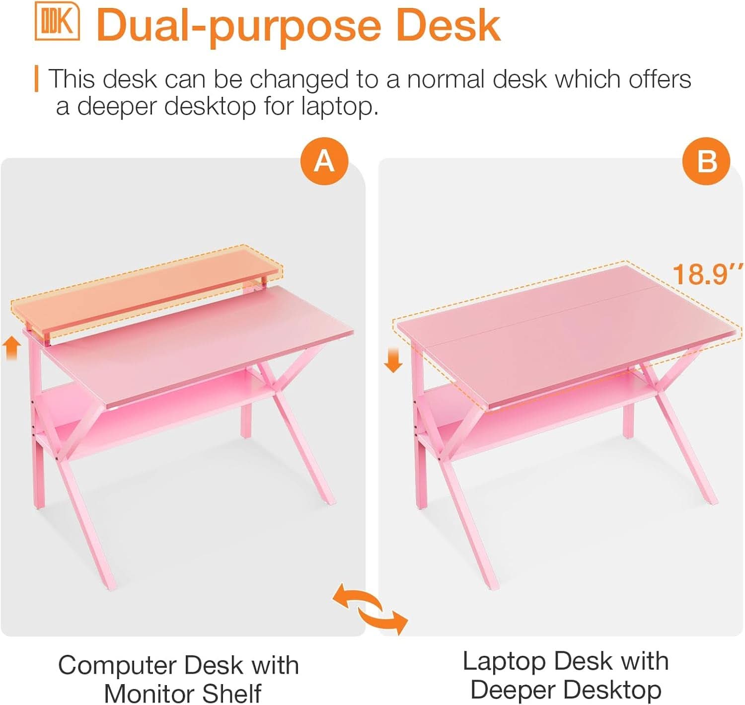 Compact 27.5-inch pink computer desk with elevated monitor stand and lower storage shelf — view 4