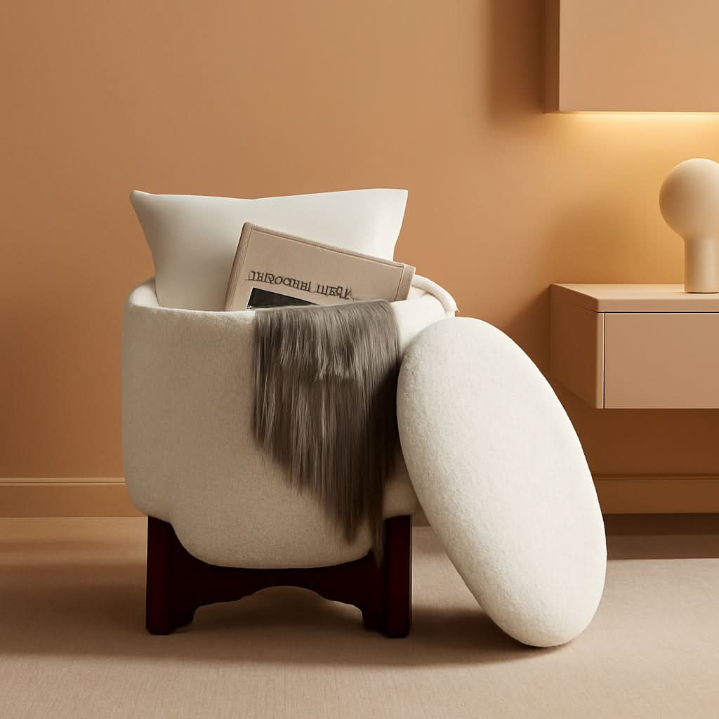 White round boucle fabric ottoman with wooden legs and concealed storage compartment for living rooms
