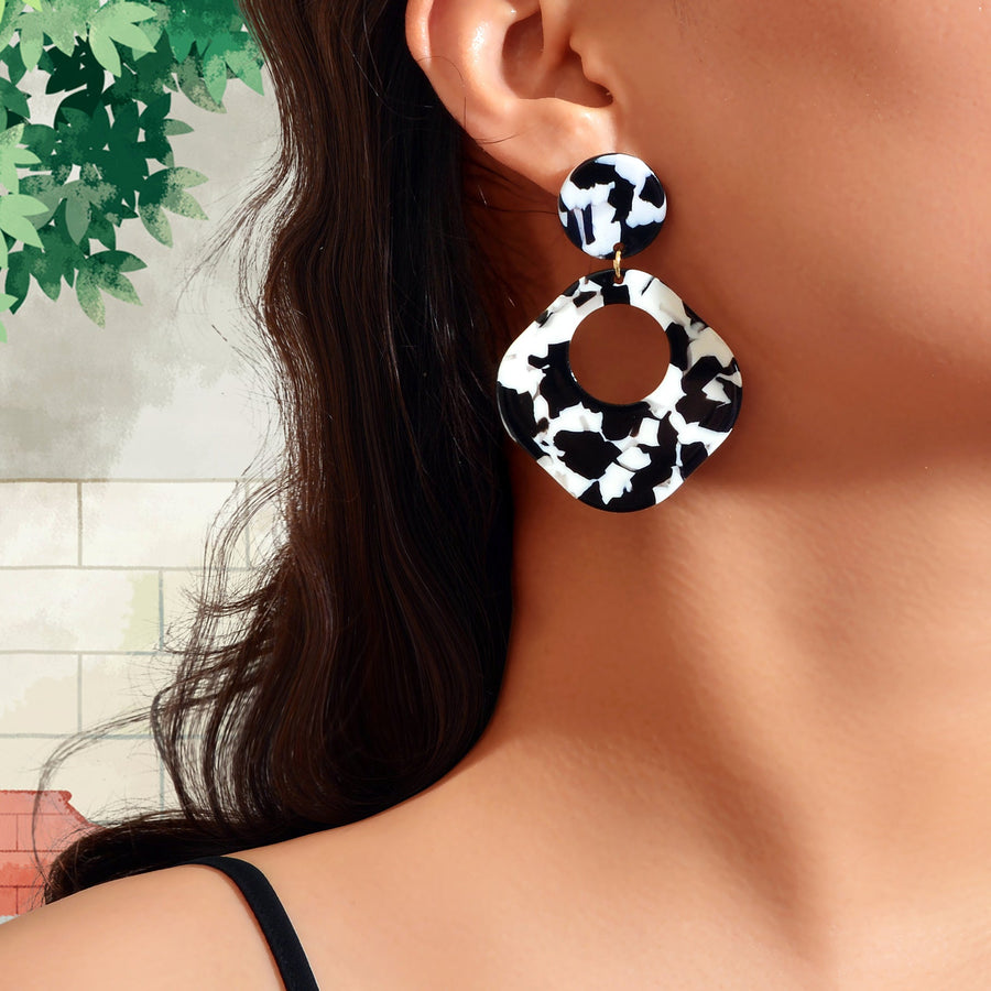 Retro White Black Acrylic Tortoise Resin Round Square Dangle Earrings Daily Officework Party Jewelry