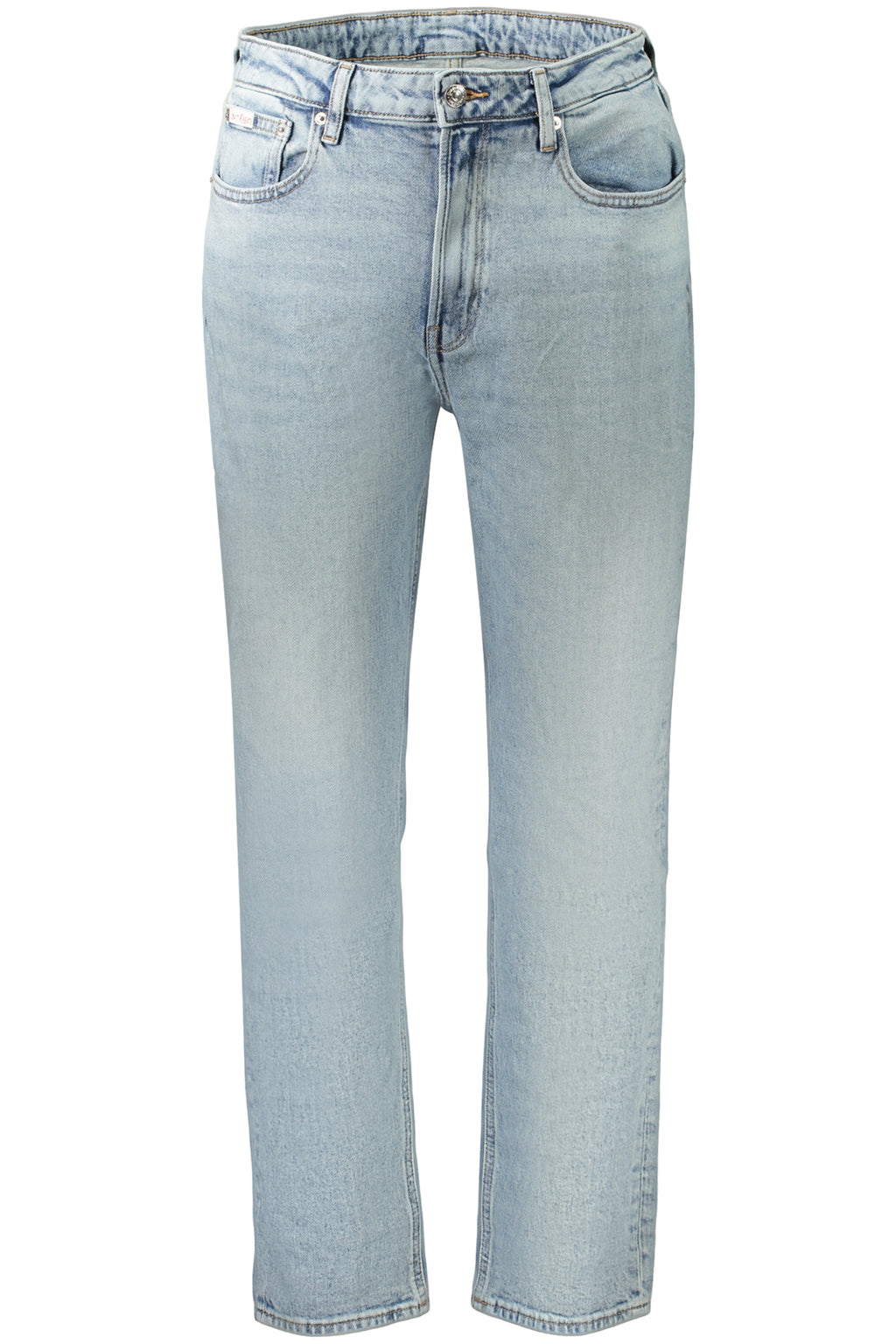 Women's blue denim mom jeans with a vintage wash, five-pocket design, and classic button closure