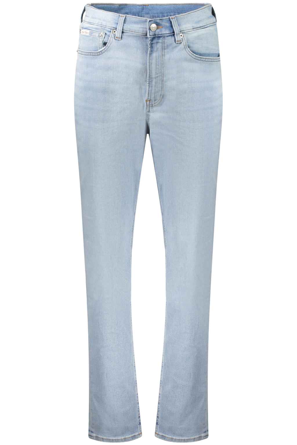 Women's blue high-waisted mom jeans with relaxed fit, tapered legs, and classic five pocket design