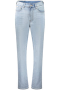 Women's blue high-waisted mom jeans with relaxed fit, tapered legs, and classic five pocket design