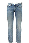 Men's slim fit blue denim jeans with classic five pocket styling and washed effect