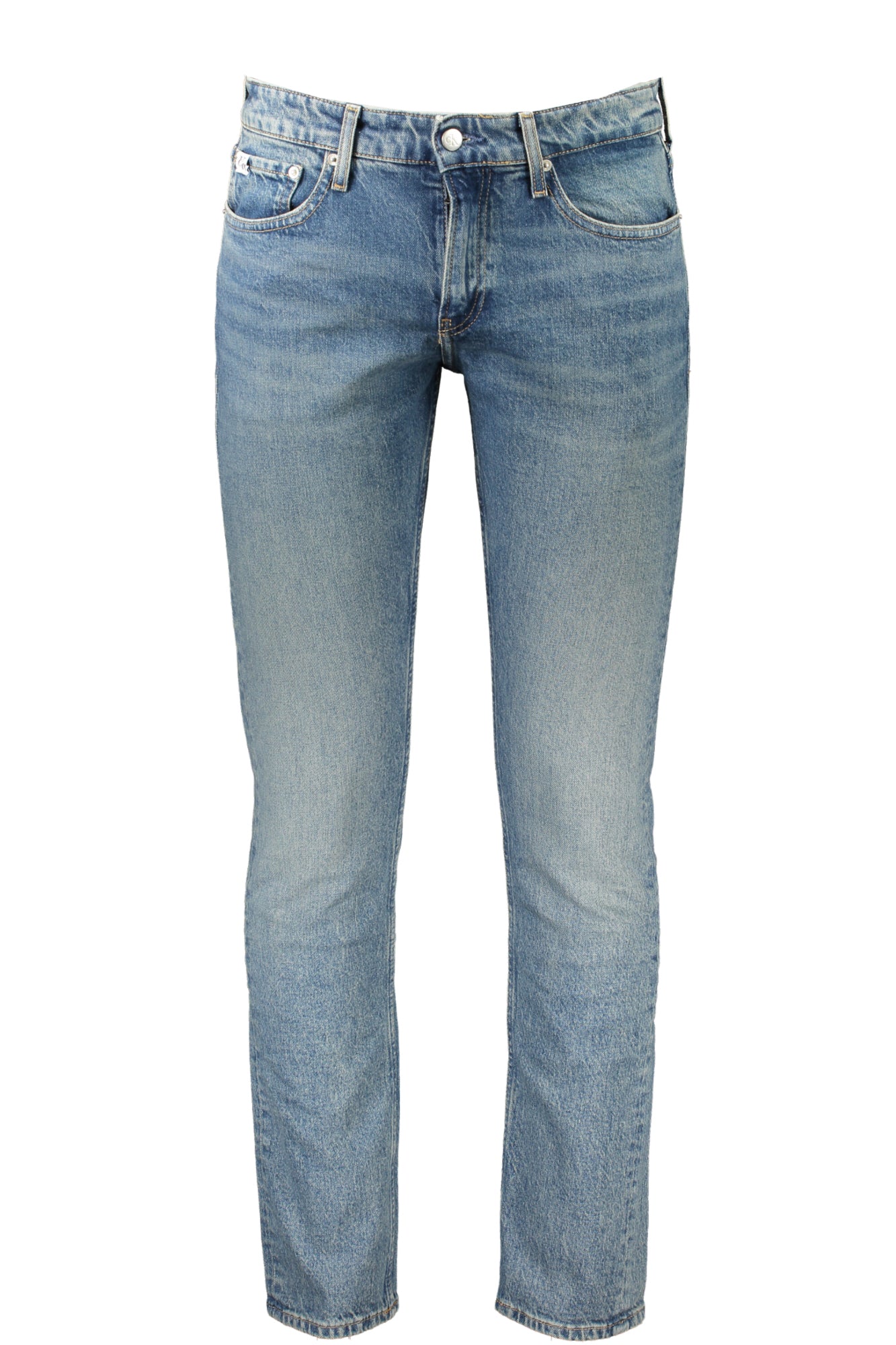 Men's slim fit blue denim jeans with classic five pocket styling and washed effect