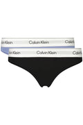 Calvin Klein women's thong underwear two pack in black and light blue with logo waistband